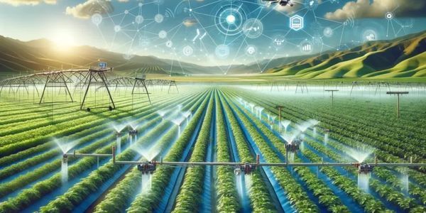Modern farm using automated irrigation and digital technology for efficient crop watering.