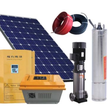 Solar panel system with pump and electrical components for water pumping.