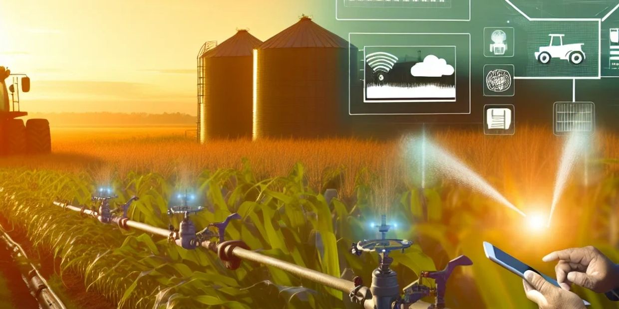 Smart irrigation system controlled remotely in an agricultural field at sunset.