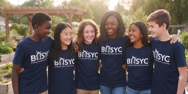 Diverse group of teens smiling together in matching BASYC shirts.