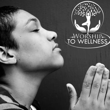Image of woman praying in front of black background branded with worship to wellness logo.