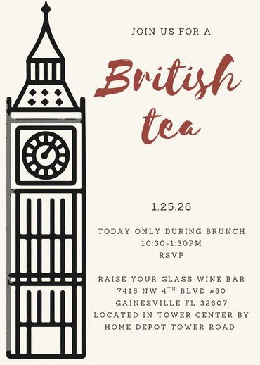 Invitation to a British tea event with Big Ben illustration and event details.