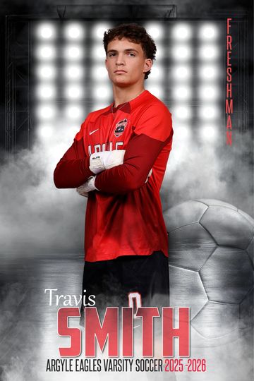 High school freshman soccer player in red jersey.