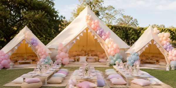 Outdoor tents decorated with pastel balloons and cozy picnic seating.