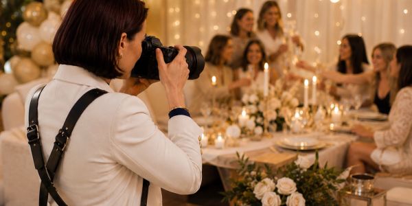 Photographer capturing a group celebration at an elegant dinner table.