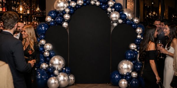 Party scene with balloon decoration arch.