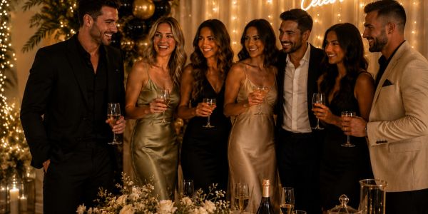 A group of friends dressed elegantly at a festive gathering.