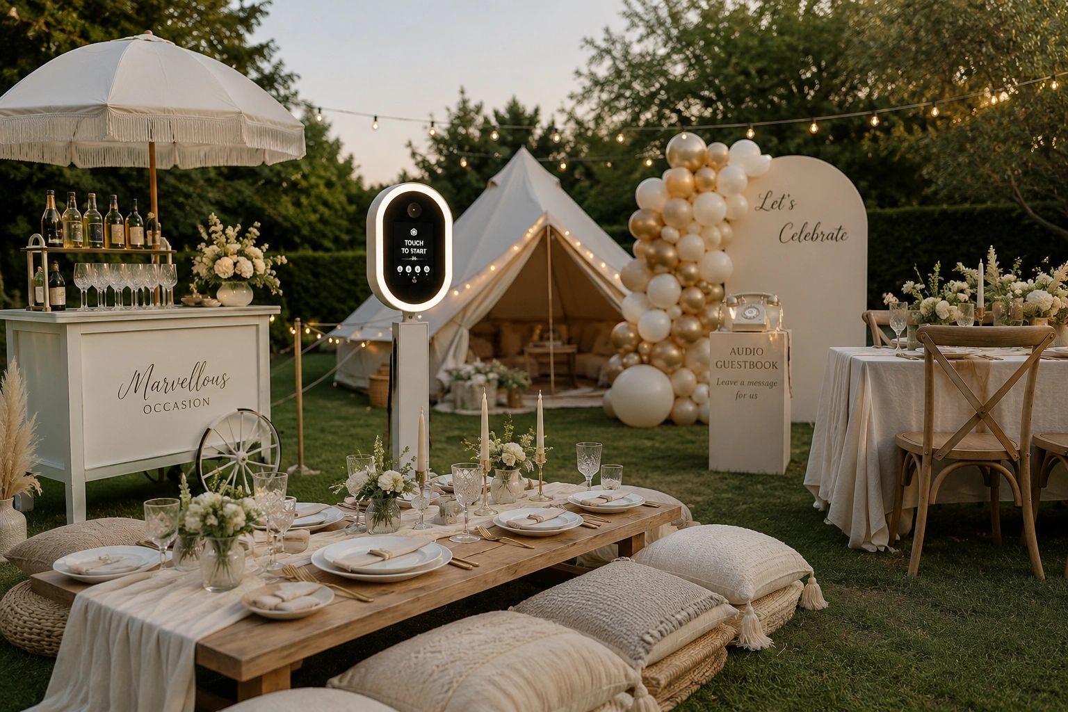 Outdoor elegant party setup with tables, cushions, balloons, and a tent.