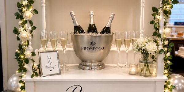 Prosecco station with champagne bottles and glasses.