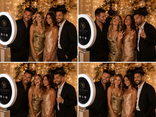 Group of friends posing happily in front of photo booth with festive lights.
