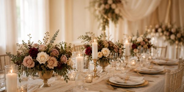 Elegant wedding table setup with floral centerpieces and candles.