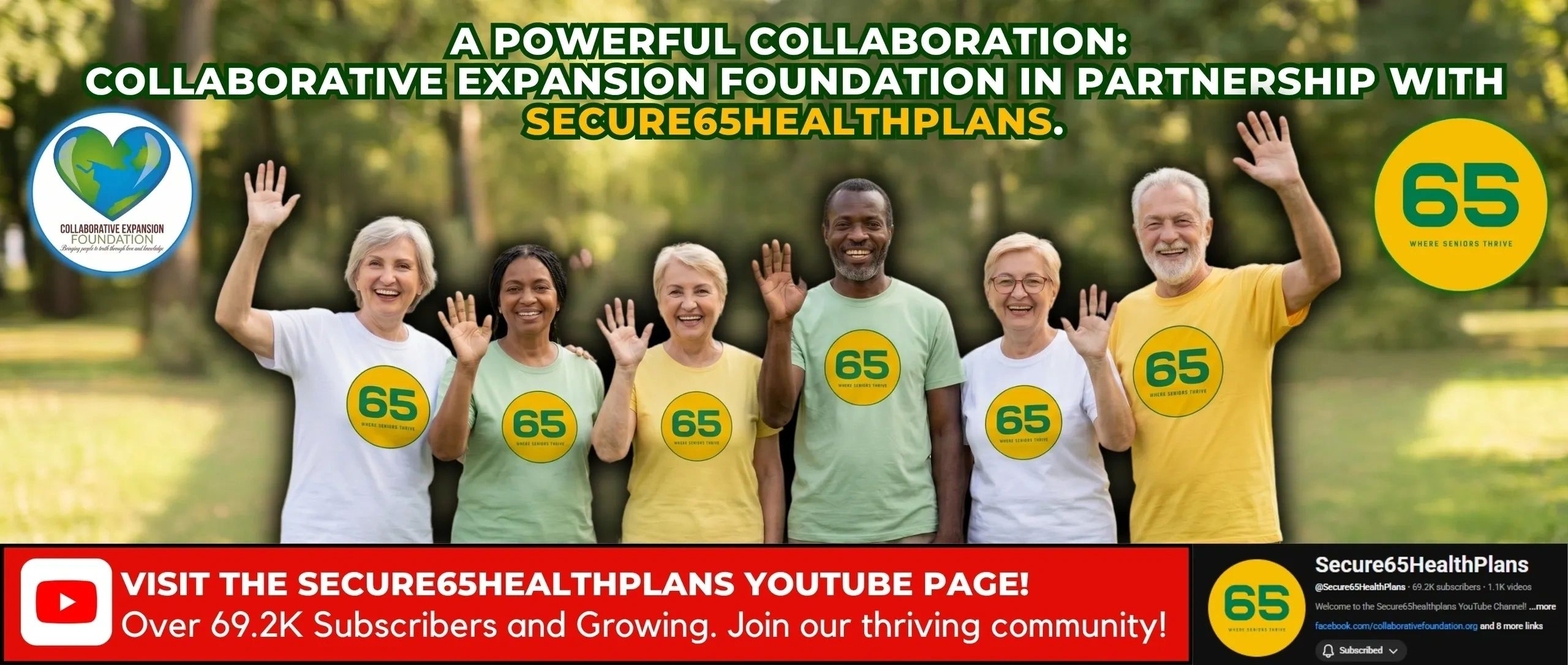 Group of seniors promoting Secure65HealthPlans collaboration.