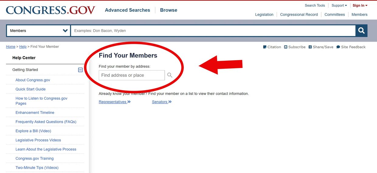 Congress.gov Find Your Members search page with address input highlighted.