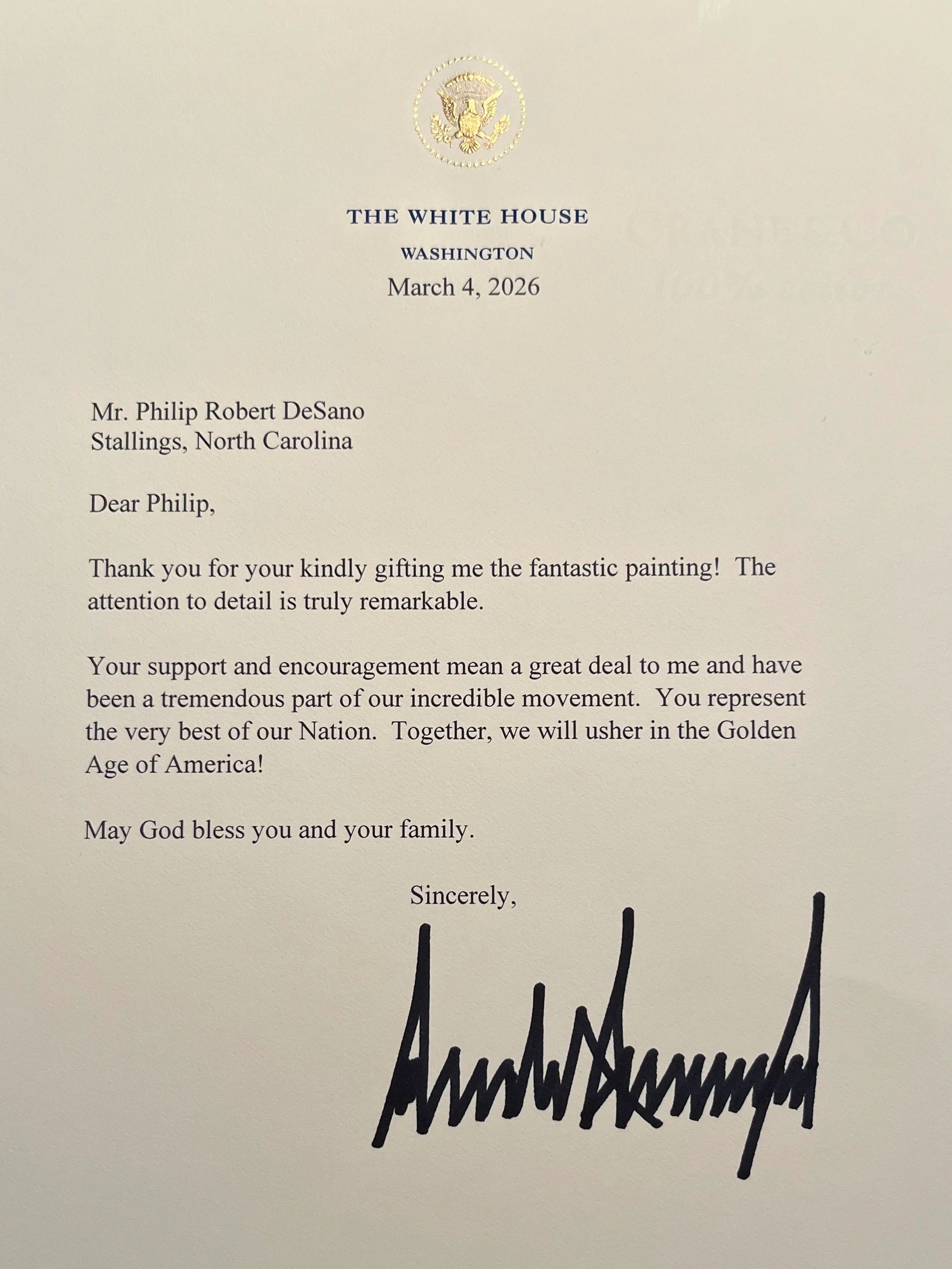 A thank you letter from The White House dated March 4, 2026.