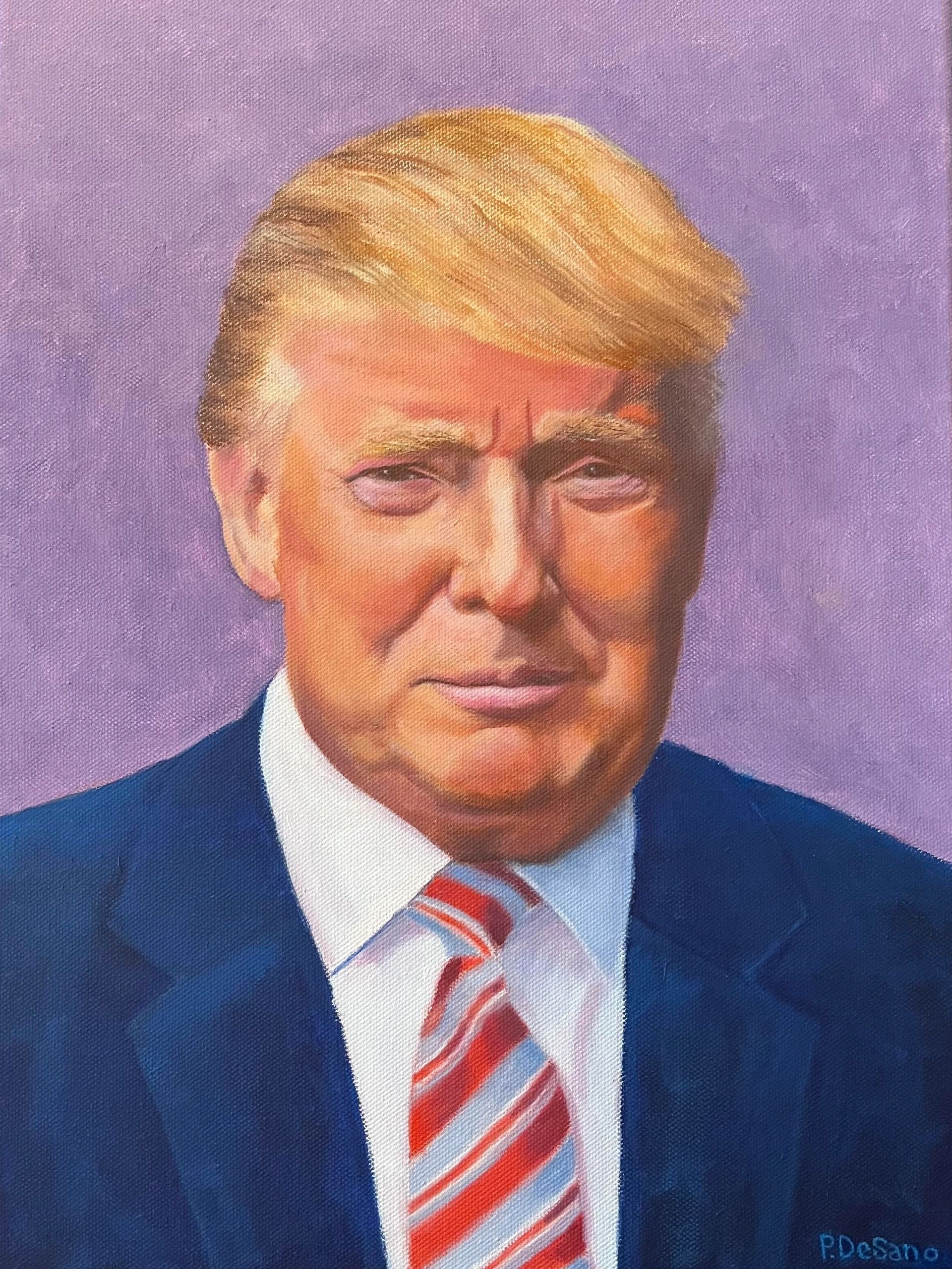 A painted portrait of a man in a suit with a striped tie against a purple background.