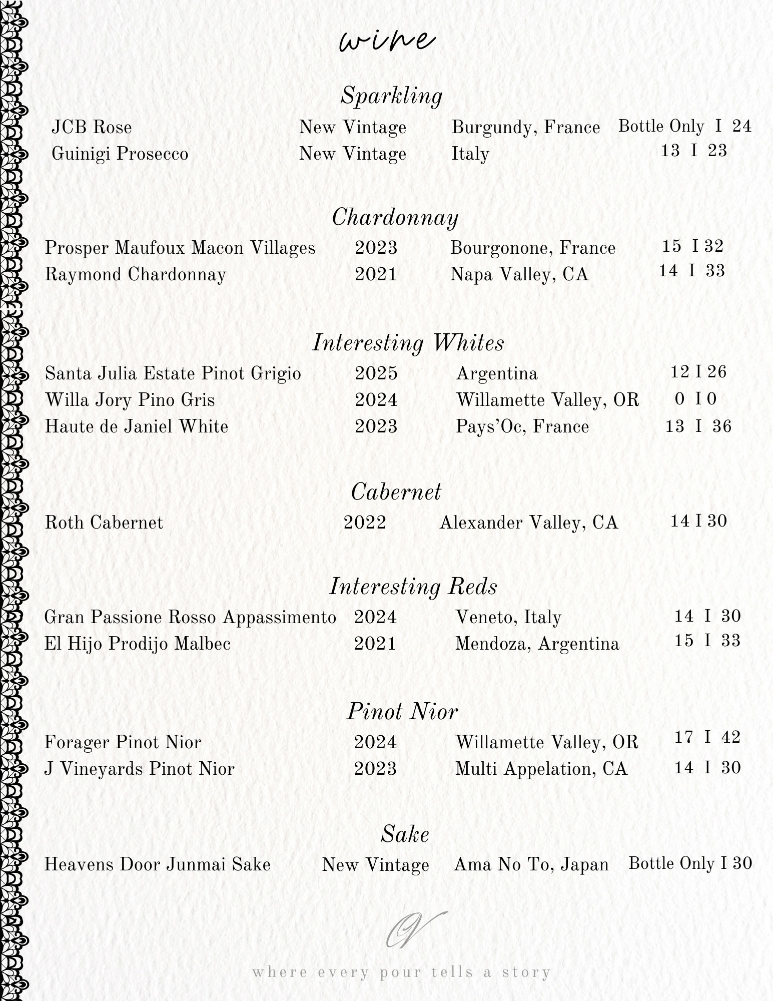 Wine menu with sparkling, Chardonnay, whites, Cabernet, reds, Pinot Noir, and sake varieties.