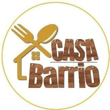 Logo of Casa Barrio with wooden text and utensils.