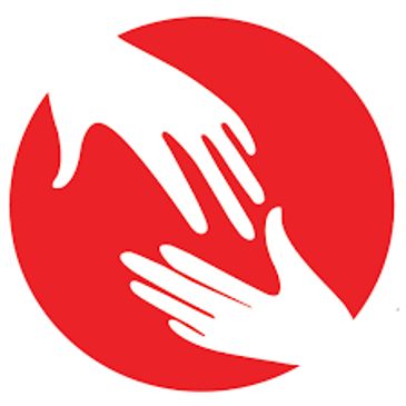 Two white hands reaching towards each other inside a red circle.