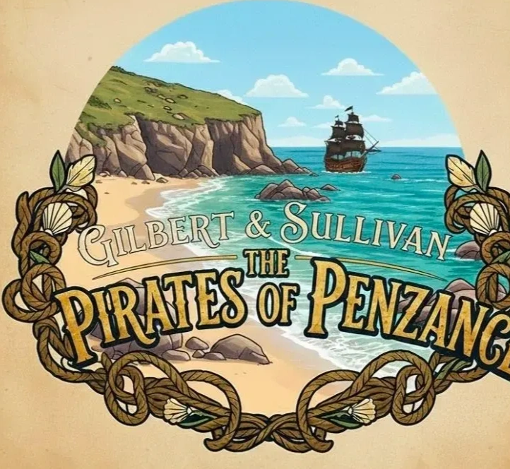 Illustration advertising Gilbert &amp; Sullivan's The Pirates of Penzance with a coastal scene and ship.