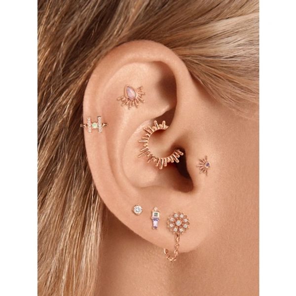 Ear curation with three lobe piercings, one tragus piercing, one daith piercing, and one rook.