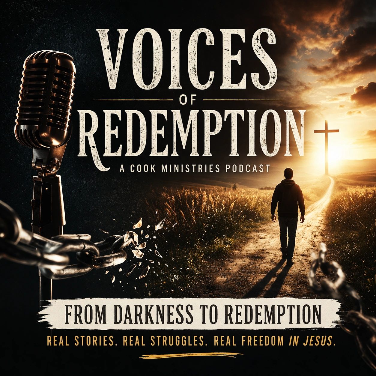 Podcast cover with a microphone, broken chains, and a man walking toward a glowing cross.
