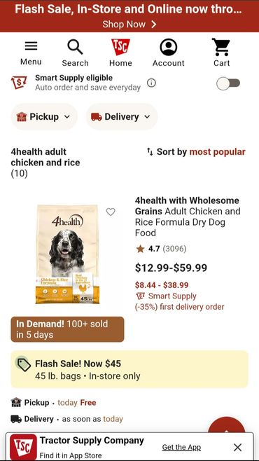 Online pet food sale for 4health adult chicken and rice dog food with discounts and delivery options.