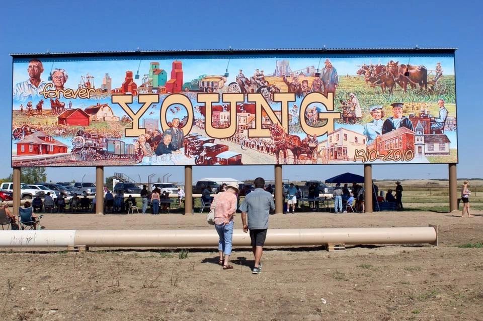 "forever YOUNG" touted as "World's Largest Free-Standing Mural" by Michael R. Gaudet at Young, SK.