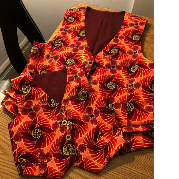 Adult and child vests made from Aso Ebi cloth for family wedding. 