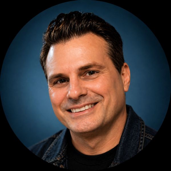 Smiling man with dark hair in a denim jacket.