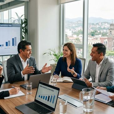 Business team discussing growth charts in a modern office.