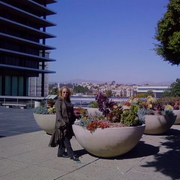 Woman standing near large concrete planters with succulents in an urban outdoor setting.