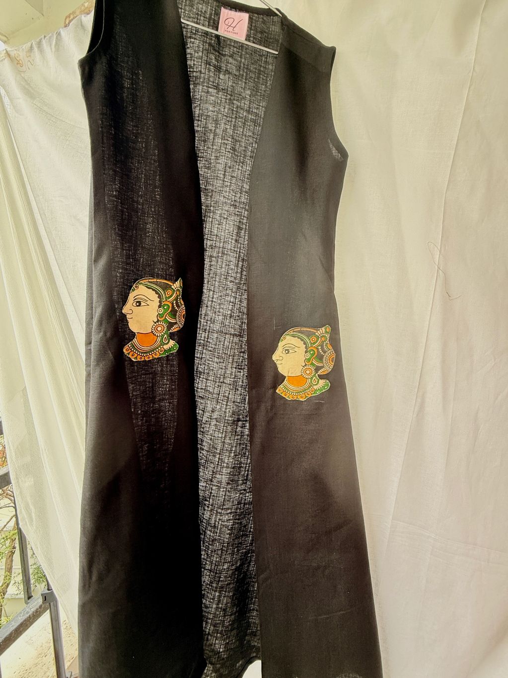 Black Linen Shrug with kalamkari pockets 