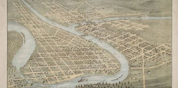 Bird's-eye view map of Eau Claire, Wisconsin, showing the city layout and Chippewa River.