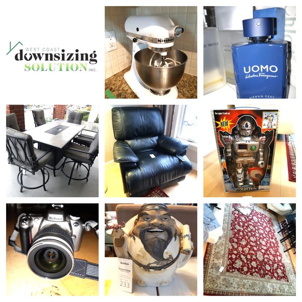 Household content auction Nikon Camera, Firepit patio table & chairs, Leather recliner, Wool Rugs
