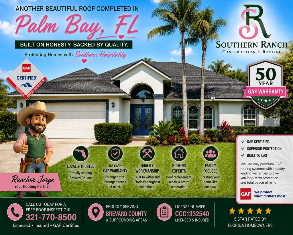 GAF Certified Plus roof replacement completed by Southern Ranch in Palm Bay, Florida.