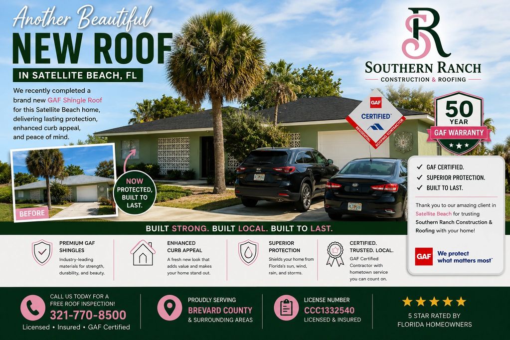 Another beautiful GAF architectural shingle roof completed in Satellite Beach, Florida by Southern R