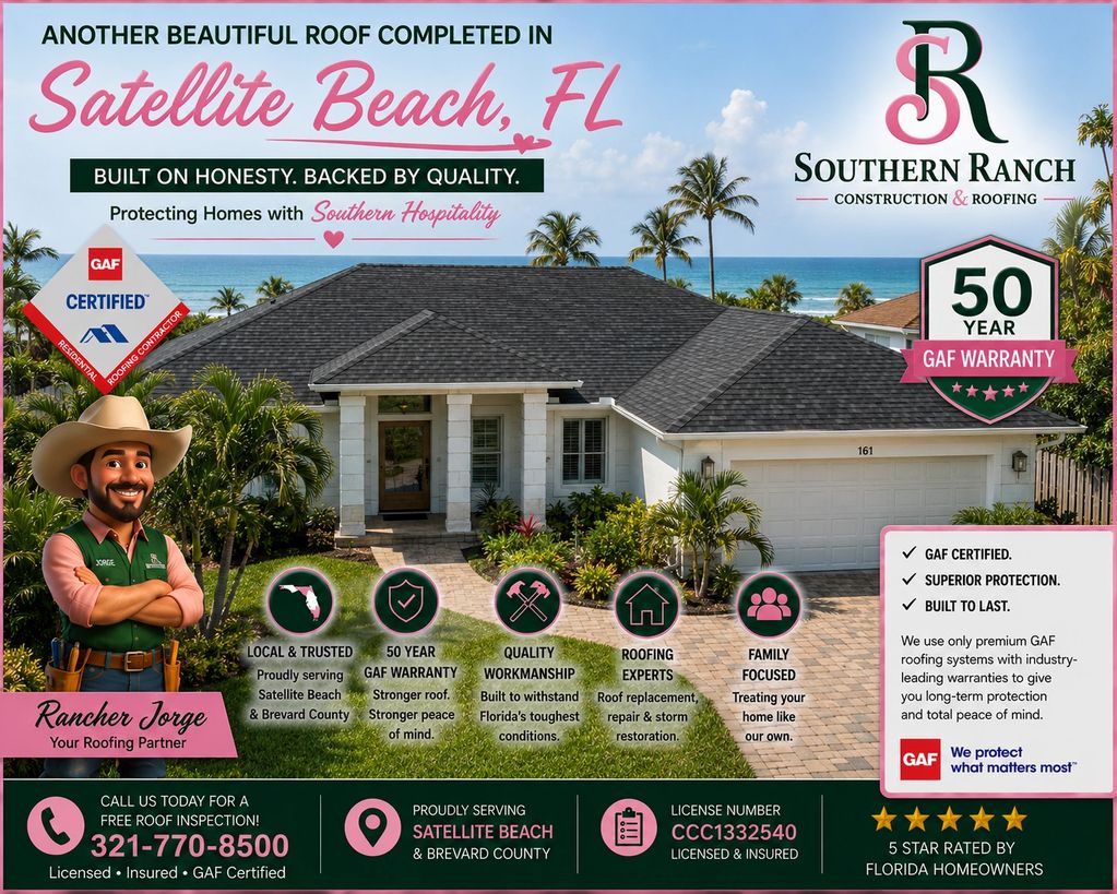 Premium GAF architectural shingle roof installed in Satellite Beach, Florida.