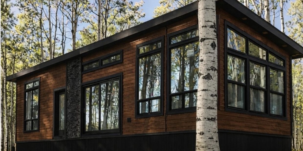Modern cabin with large windows in a forest.