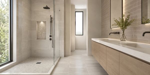 Minimalist bathroom with glass shower and double sink vanity.