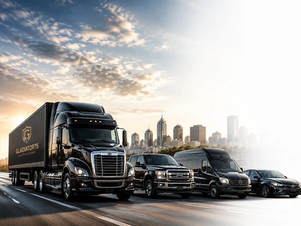 A lineup of four sleek black vehicles against a city skyline at sunset.