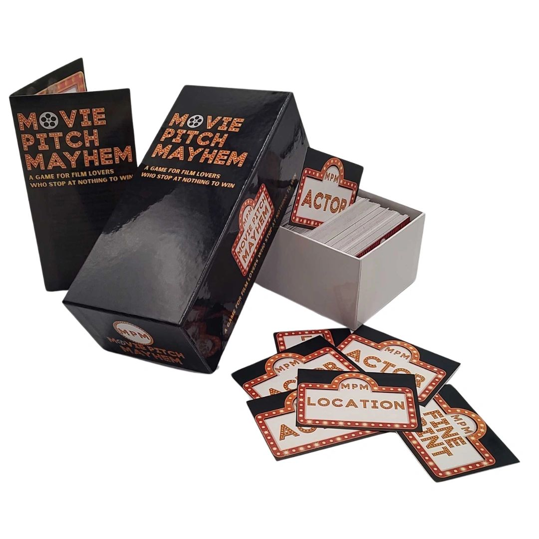 Movie Pitch Mayhem card game set with box and cards.