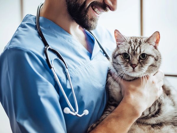 Cropped image of handsome male veterinarian with stethoscope holding cute gray cat