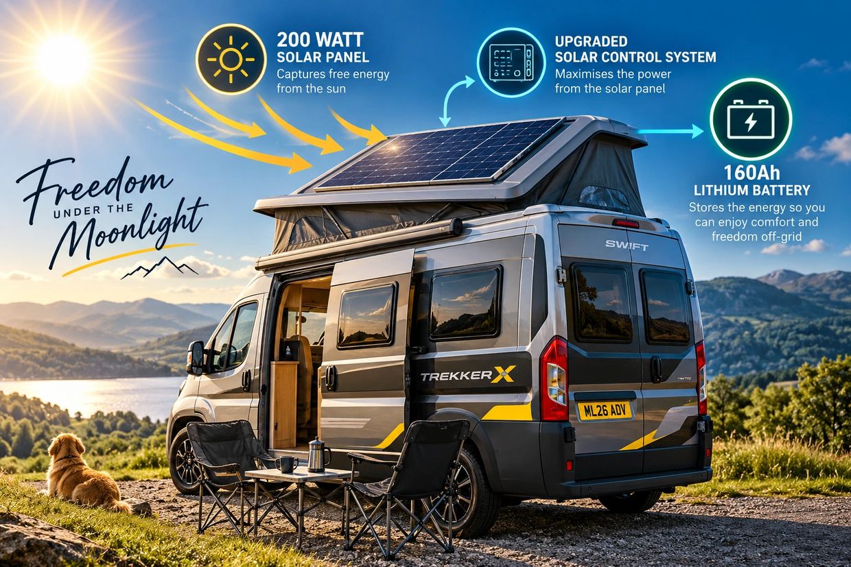 Camper van with solar power system in a scenic outdoor setting.