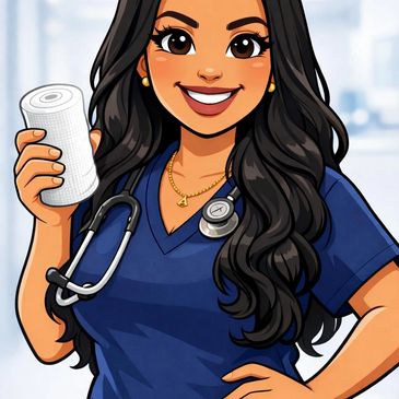 Smiling nurse in blue scrubs holding a rolled bandage with a stethoscope around her neck.