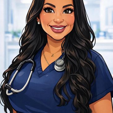 Smiling female nurse in navy scrubs with long dark hair and stethoscope.