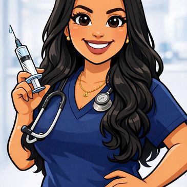 Smiling nurse in blue scrubs holding a syringe with a stethoscope around her neck.