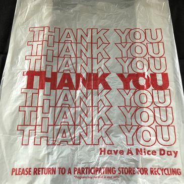 Plastic bag with thank you message and recycling note.