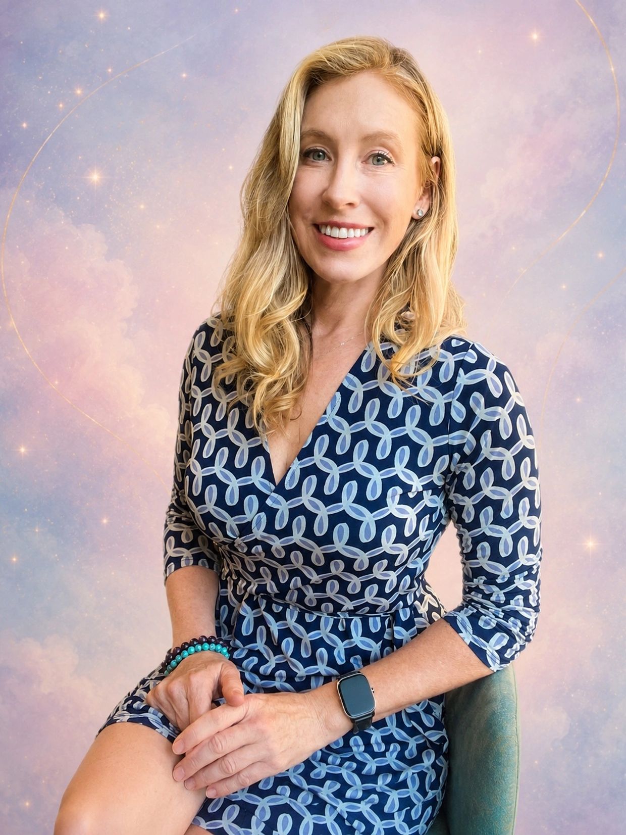 Smiling woman in blue patterned dress with magical background.