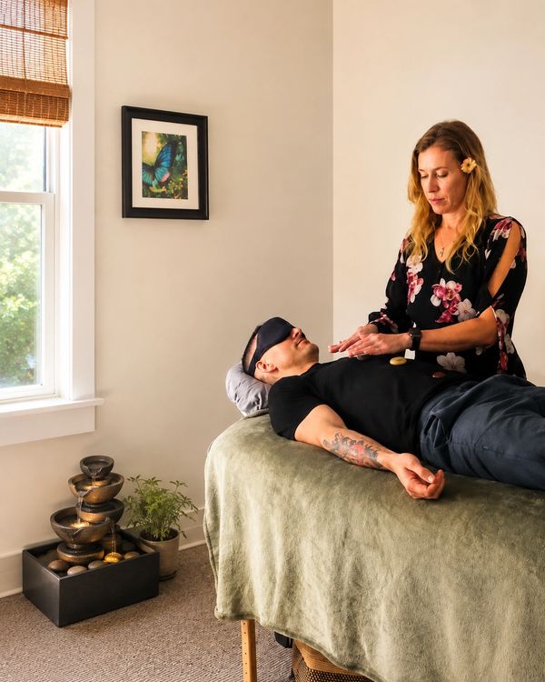 Woman performing Reiki healing on blindfolded man lying on massage table.