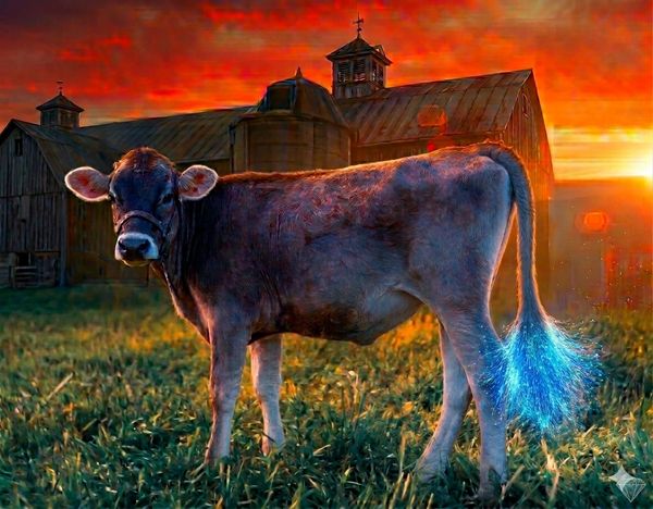 A cow with a glowing blue tail standing in a field at sunset near a barn.